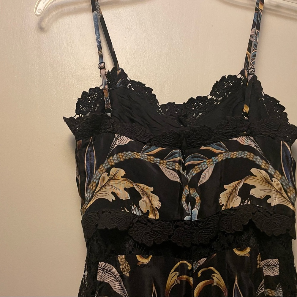 FARM Rio Black Floral Lace-Trim Midi Dress with Gold and Blue Accents